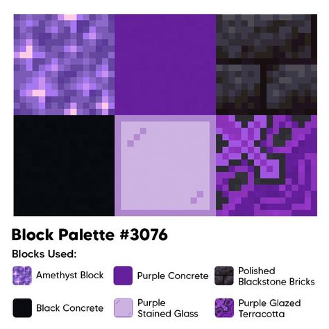 Block Palettes on Instagram: “Palette 3076 Find more Minecraft block palettes on our website! #minecraft #minecraftbuilds #minecrafthouses #minecraftideas…” Minecraft Purple, Minecraft Tower, Minecraft Blocks, Minecraft Banner Designs, Minecraft Banners, Minecraft Cottage, Cool Minecraft Creations, Diy Minecraft, Minecraft Room