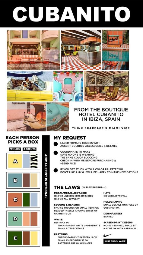 I based the wedding party's color palette on the Cubanito Hotel in Ibiza. Wedding Parties Colors, Miami Vice, Wedding Color Palette, Metallic Fabric, Wedding Color, Accent Colors, Boutique Hotel, Ibiza, Wedding Colors