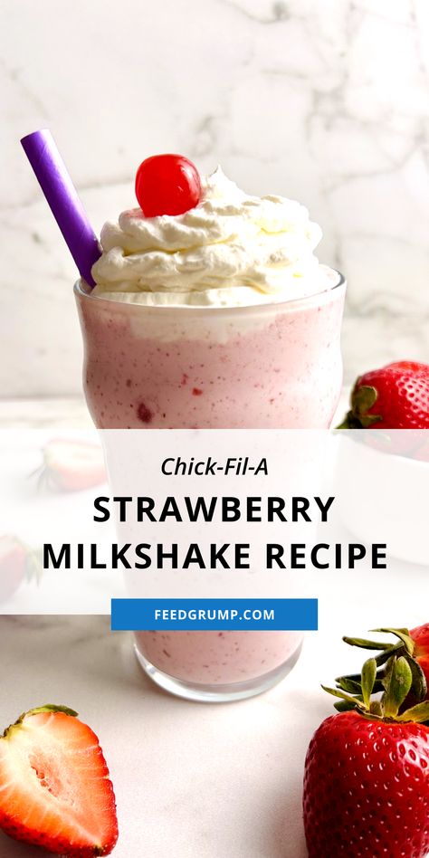 cup of strawberry milkshake with cherry on top Chick Fil A Milkshake Recipe, Strawberry Milkshake Recipe, Milkshake Recipe Strawberry, Homemade Milkshake, Fall Party Food, Fast Dessert Recipes, Copycat Chick Fil A, Milkshake Recipe, Milkshake Recipes