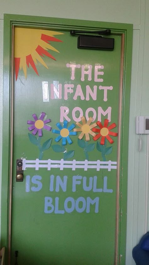 Welcome To The Infant Room, April Daycare Door Ideas, April Classroom Door Ideas Spring, Infant Room Daycare Decorations Spring, Infant Classroom Themes Daycare, Baby Classroom Decoration, Infant Door Decorations, Toddler Daycare Rooms Classroom Layout, Infant Door Decorations Classroom