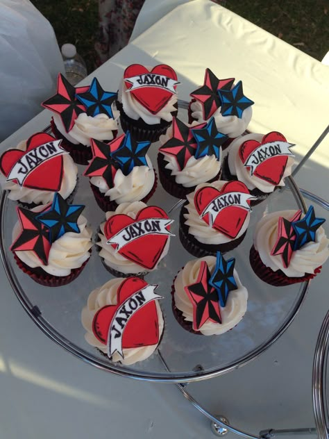 Sailor Jerry tattoo baby shower cupcakes Tattoo Themed Birthday Party, Tattoo Baby Shower Theme, Punk Baby Shower Ideas, Traditional Tattoo Baby, Punk Rock Baby Shower Ideas, Rockstar Baby Shower Ideas, Sailor Jerry Heart Tattoo, Tattoo Baby Shower, Punk Rock Baby Shower