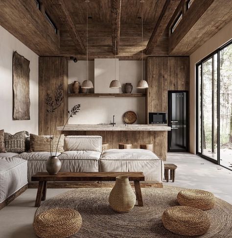 Wooden Cabin Interior, Wabi Sabi Interior Design, Wabi Sabi Interior, Living Room Scandinavian, Rustic Interiors, Window Seat, Dream Home Design, Home Fashion, House Inspiration