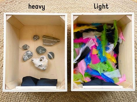 How we Montessori heavy light sensory feely box Sensory Box Ideas, Box Ideas For Kids, My Five Senses, Sensory Tub, Light Activities, Tub Ideas, Kids Daycare, Sensory Boxes, Sense Of Touch