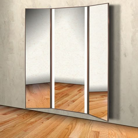 Three panel full-view mirror can be wall-mounted or mounted onto the floor and is the perfect choice for fitting rooms Three Panel Mirror, 3 Sided Mirror, Fitting Room Mirror, 3 Panel Mirror, Fitting Room Design, Three Way Mirror, 3 Way Mirror, 3 Way Mirrors, Panel Mirror