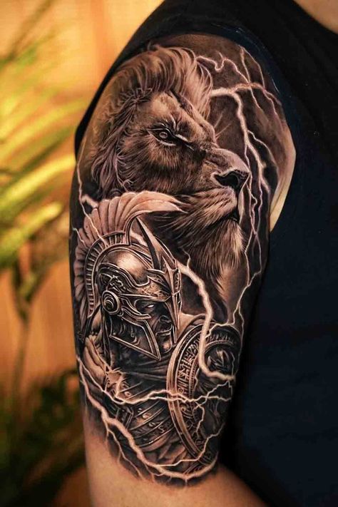 Warrior Lion Tattoo, Lion Arm Tattoo, Warrior Tattoo Sleeve, Roman Tattoo, Gladiator Tattoo, Spartan Tattoo, Lion Tattoo Sleeves, Armor Tattoo, Realistic Tattoo Sleeve