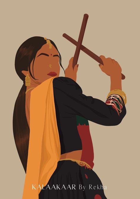 Paintings Of Indian Women, Desi Digital Art, Garba Painting Navratri, Garba Illustrations, Desi Illustration Wallpaper, Navratri Girl, Dandiya Drawing, Garba Painting, Garba Drawing