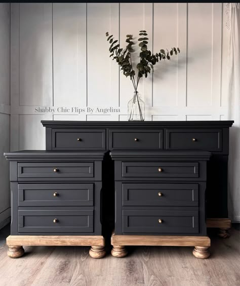 Dark Furniture Redo, Black Dresser Redo, Black Furniture Makeover, Green And Stained Dresser, Painting Dresser Black Diy, Update Dresser Diy, Armoire Paint Ideas, Refinished Dresser Black And Wood, Refurbished Black Dresser