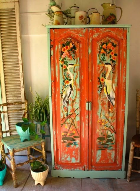 Hand Painted Cabinet - Ideas on Foter Painted Armoire, Painted Wardrobe, Painted Cabinet, Turquoise Painting, Decoupage Furniture, Deco Retro, Funky Painted Furniture, Funky Furniture, Hand Painted Furniture