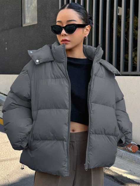 Dark Grey Casual Collar Long Sleeve Woven Fabric Plain Puffer Embellished Non-Stretch  Women Clothing Cute Winter Jackets, Aritzia Puffer Jacket, Padded Jacket Women, Grey Puffer Jacket, Outerwear Women Winter, Winter Puffer Coat, Hooded Winter Coat, Winter Hoodies, Winter Jackets Women