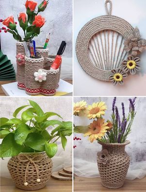 574K views · 12K reactions | Jute Thread craft ideas home decorating ideas handmade, DIY Jute Craft | Genius Jute Thread Craft Ideas for Your Home! DIY Jute Decor That Will Blow Your Mind | By Art & Craft | Welcome to another video. Take
a container, suspend it together, take another
container, attach them together then put glue all over and then
keep attaching ropes inside that. Then bend the upper parts
towards the inner part so that it looks like a lamp and then
keep suspending and inserting ropes inside and beyond that
container. Eliminate the leftover part with a plier and
then decorate it. Take four to five cylindrical cubes and then
one should be lesser or shorter than the other. Touch all of
them together. Cover all of them with ropes and your pen
stand is ready. Take as container, Jute Thread Craft Ideas, Thread Craft Ideas, Decorating Ideas Handmade, Jute Decor, Thread Craft, Jute Craft, Pen Stand, Jute Crafts, Ideas Handmade