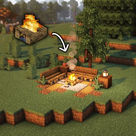 Minecraft Ying Yang Build, Minecraft Bonfire Pit, Campfire Minecraft Build, Minecraft Campfire Aesthetic, Minecraft Outdoor Ideas Aesthetic, Cute Campfire Minecraft, Minecraft Camp Site Ideas, Minecraft Aviary Ideas, Minecraft Architecture Ideas