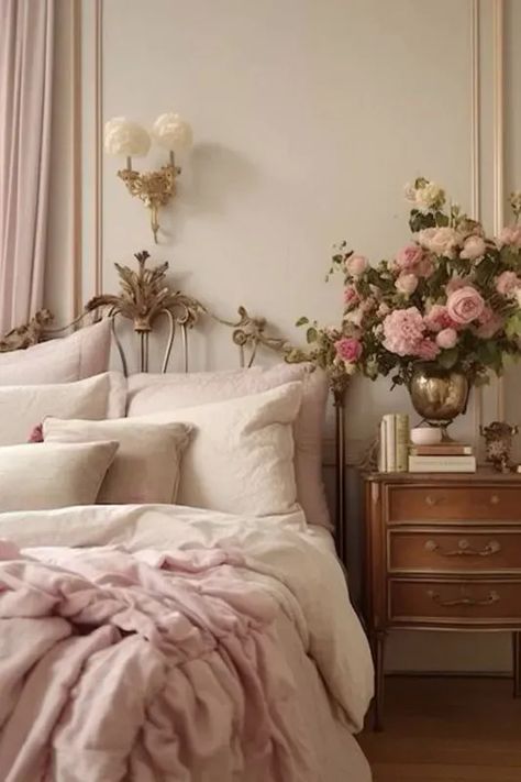 Elevate your space with romantic farmhouse ideas for a Valentine's Day bedroom. Explore the warmth of French country charm and cozy rustic elements. From farmhouse-inspired colors to romantic decor, transform your bedroom into a romantic haven that celebrates love. Golden Bed, Antique Bookshelf, Wooden Cupboard, Victorian Bedroom, Feminine Bedroom, Pink Sheets, Vintage Bedroom, Pink Bedroom, Dream House Interior