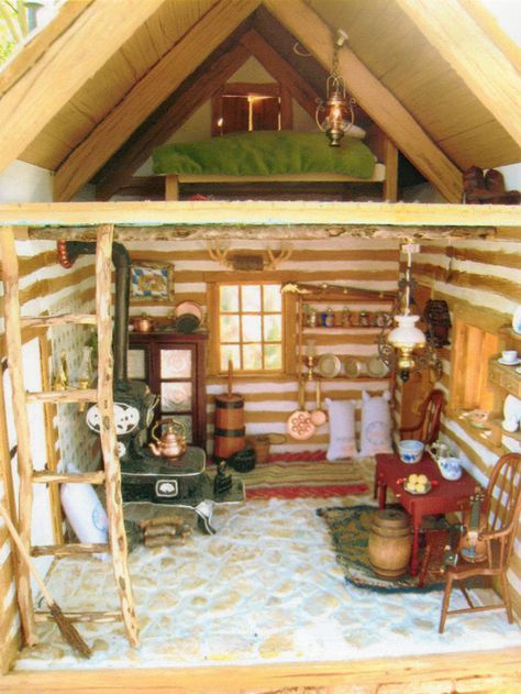 Log Cabin Interior Design, Cabin Dollhouse, Mini Cabins, Diy Log Cabin, Dollhouse Interiors, Cabin Diy, Log Cabin Furniture, Cabin Interior Design, Log Cabin Interior