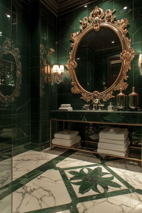 Step Into Luxury: A Tour of a Lavish Green & Gold Bathroom Oasis Emerald Gold Bathroom, Royal Green Bathroom, Emerald And Gold Bathroom, Green Victorian Bathroom, Green And Gold Bathroom Ideas, Fancy Bathroom Luxury, Slytherin Bathroom, Green Gold Bathroom, Dark Marble Bathroom