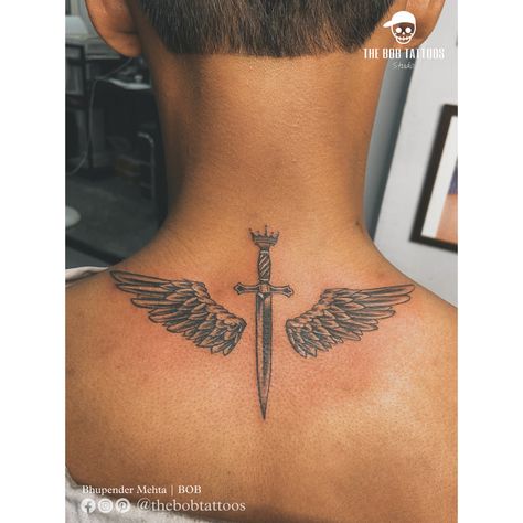 Wings And Swords Tattoo, Wings Tattoo On Back, Back Of Neck Tattoo Men, Symmetrical Tattoos, Wing Tattoos On Back, Wrist Band Tattoo, Wing Tattoo Men, Symmetrical Tattoo, Tattoo Designer