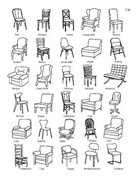 Chair Types And Names, Styles Of Chairs, Types Of Chairs Names, Chair Art Drawing, Chair Styles Guide, Chair Design Sketch, Antique Chair Styles, Different Types Of Chairs, Items Drawing