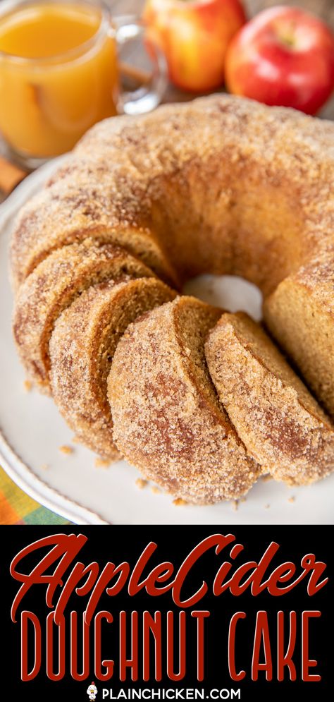 Apple Cider Doughnut Cake - our favorite Fall dessert! SO easy to make. NO mixer required! Simply whisk together the dry ingredients and the wet ingredients and bake. All-purpose flour, whole-wheat flour, cinnamon, salt, baking soda, baking powder, apple cider, applesauce, eggs, olive oil, vanilla, and turbinado sugar. Coat the cake with cinnamon and sugar. Can freeze leftovers for a quick dessert later. #cake #dounut #doughnut #dessert #doughnutcake Apple Cider Doughnut Cake, Apple Cider Donut Cake, Cider Donut Cake, Apple Cider Doughnut, Freeze Leftovers, Apple Doughnut, Fall Sweets, Buttermilk Pound Cake, 366 Days