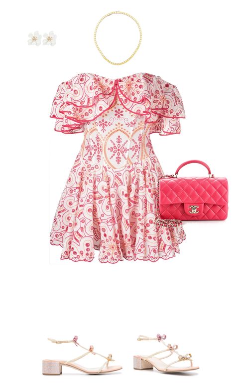 Earrings: Shashi | Necklace: Mounser | Dress: Charo Ruiz Ibiza | Bag: Chanel | Sandals: René Caovilla Charo Ruiz Dress, Polyvore Chanel, Pink Off The Shoulder Dress, Charo Ruiz Ibiza, Charo Ruiz, Earrings Outfit, Outfit For Summer, Bag Chanel, Chanel Sandals