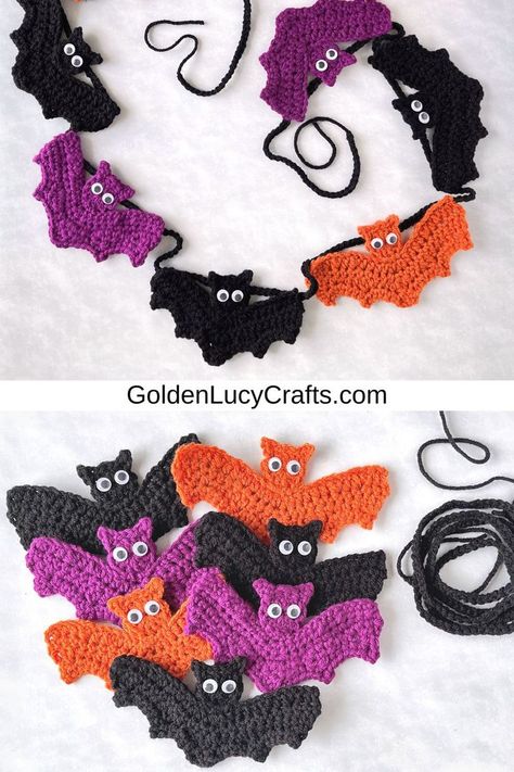 Croheted bat garland on top, seven crocheted bat appliques below. Crochet For Halloween, Bat Garland, Crochet Halloween Patterns Free, Crochet Halloween Decorations, Crochet Bolero Pattern, Crochet Bat, Halloween Applique, Crochet Garland, Fall Crochet