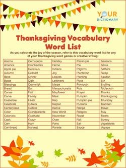 Vocabulary Words for Thanksgiving Thanksgiving Words List, Kid Friendly Thanksgiving, Pumpkin Casserole, Diy Thanksgiving Crafts, Creative Writing Lesson, Thanksgiving History, List Of Words, Thanksgiving Words, Thanksgiving Activities For Kids