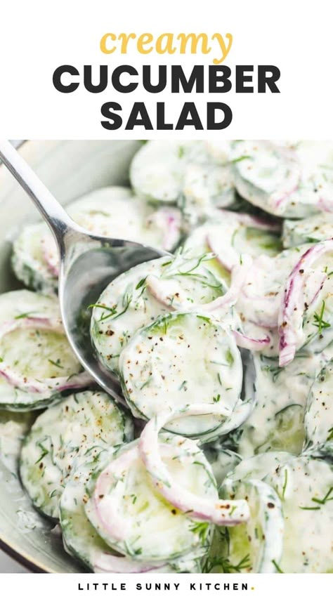 This old-fashioned Creamy Cucumber Salad with sour cream and dill is a summertime favorite, and so simple to make. Garden Cucumbers, German Cucumber Salad, Cucumber Salad Recipe, Creamy Cucumber Salad, Creamy Cucumbers, Sour Cream Recipes, Cucumber Recipes Salad, Cucumber Recipes, Salad Recipes For Dinner