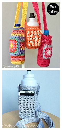 Granny Square Water Bottle Holder Free Crochet Pattern #freecrochetpattern #crochetpattern #bottleholderfreepattern #easycrochetpattern Crochet Water Bottle Holder With Pocket Pattern Free, Free Crochet Water Bottle Holder, Crochet Water Bottle Pattern, Crocheted Water Bottle Holder Free, Crochet Water Bottle Holder Pattern Free Easy, Water Bottle Bag Crochet Pattern, Granny Square Bottle Holder, Knitted Bottle Holder, Knitted Water Bottle Holder