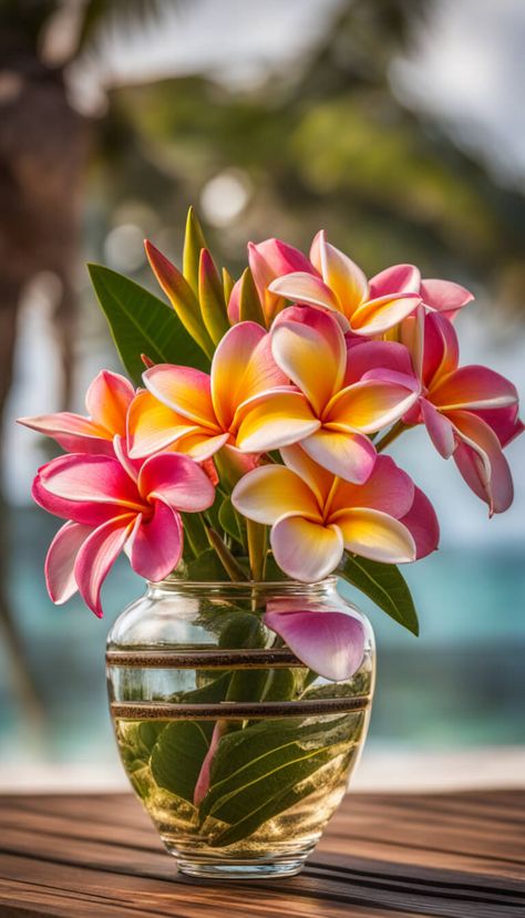 wonderful vase with Plumeria flowers - AI creation Frangipani Flower Arrangement, Hawaiian Flower Arrangements, Plumeria Bouquet, Digital Garden, Beach Rainbow, Flowers Pics, Reception Table Settings, Aloha Friday, Beach Flowers