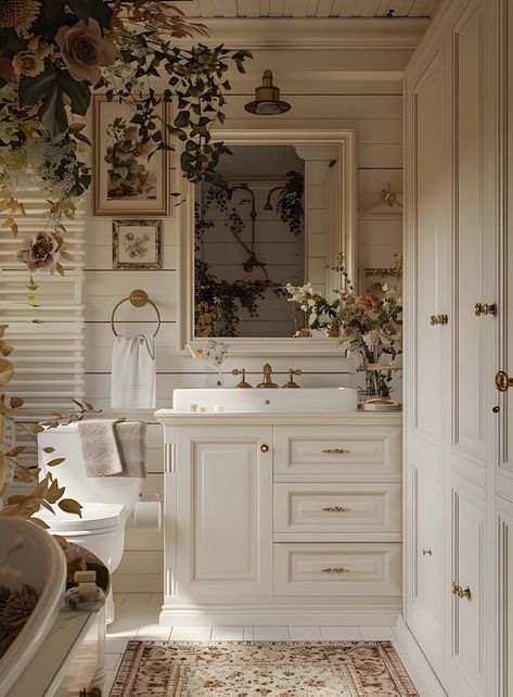 Cute Bathroom Vanity Ideas, Light Academia Aesthetic Bathroom, Cozy Half Bath, Nancy Meyers Aesthetic Bathroom, Bathroom Vanity Traditional, Homestead Interior, Half Bath Ideas, Cramped Bathroom, Traditional Bathroom Design