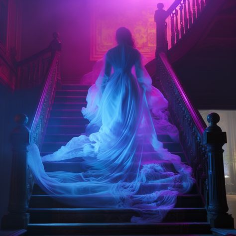 MP: neon victorian ghost, woman standing at the top of a staircase looking down on the viewer, Tim Burton, Frederic Leighton::3 victorian mansion, glowing neon vapor::2 8k, ultra photorealistic Modern Gothic Victorian, Neon Victorian, Neon Witch, Ghost Woman, Victorian Ghost, Frederic Leighton, Magical Stuff, Victorian Mansion, Modern Gothic