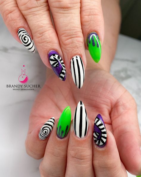 It’s showtime! 🖤💚 Beetlejuice vibes with stripes, slime, and a spooky touch—perfectly haunting for the season! 👻✨ Who’s ready to say his name three times? 😉 @lightelegancehq -Dark Secret & Classic White P+ ✨Use my code “BRANDY15” to get 15% off your first order✨ #BeetlejuiceNails #spookyseason #nailartmagic #itsshowtime #nailart #halloweennails #LEBrandAmbassador #GetKlawed #480nails #aznails #nailsmagazine #nails #nailsofinstagram #nailinspo #independentnailtech Got Nails, Neon Shorts, Beetlejuice Beetlejuice, White P, Get Nails, Short Nail Designs, A Ghost, Nails Magazine, Beetlejuice