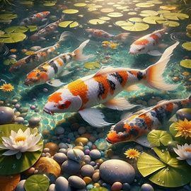 A hyper realistic digital artwork. 展示了一條錦鯉從池塘中向上躍出水面,The kois should have distinct patterns and colors, such as orange, white, and black.(這條錦鯉 by WETA FX and industrial light and magic, intricate elaborate RTX enhanced CGI render, bright colors, splash art painting）, The water should be clear, with gentle ripples and reflections. Surround the kois with floating lily pads and delicate, multicolored leaves on the water's surface, creating a peaceful and harmonious atmosphere. - Image Creator from Colored Pencil Art Projects, Koi Painting, Koi Fish Drawing, Fish Drawing, Fish Drawings, W Hotel, Wall Art For Living Room, Canvas Printing, Art For Living Room