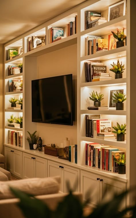 Tv Unit Decor Floating Shelves, Tv Unit And Book Shelves, Built In Shelves Living Room With Tv Diy, Living Room Tv Storage Wall, Wall Bookshelves Design, Book Case Wall Tv, Shelving Tv Wall Ideas, Book Tv Wall, Library With Tv Unit