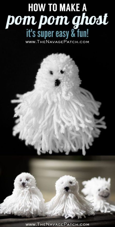 DIY Pom Pom Ghosts | Super easy pom pom ghosts | How to make ghost pom poms the easy way | DIY Halloween pom pom garland garland | How to make a pom pom ghost | DIY ghost garland | Halloween Upcycled Halloween decorations | #TheNavagePatch #HowTo #pompom #pompomcrafts #halloweendecorations #halloween #easydiy #DIY #halloweenparty #halloweencrafts #tutorial #videotutorial | TheNavagePatch.com Pom Pom Halloween Crafts, Upcycled Halloween Decorations, Valentines Day Pottery, How To Make Ghosts, Easy Pom Pom, Halloween Papercraft, The Navage Patch, Ghost Garland, Navage Patch