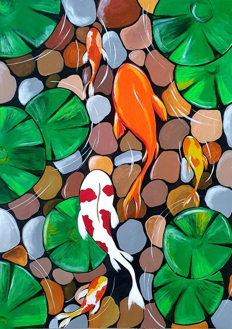 “Stress less and enjoy the best.” Coy Pond Drawing, Canvas Art Fish, Fish Painting Acrylic, Fish Acrylic Painting, Koi Fish Painting, Ocean Art Painting, Diy Canvas Art Easy, Koi Painting, Doodle Art Flowers