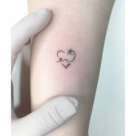 Cute Small Holiday Tattoos, Travel Heart Tattoo, Heart And Sea Tattoo, Wave In Heart Tattoo, Small Simple Travel Tattoos, Matching Tattoos For Best Friends Travel, Heart Beach Tattoo, Beach Mini Tattoo, Delicate Travel Tattoo