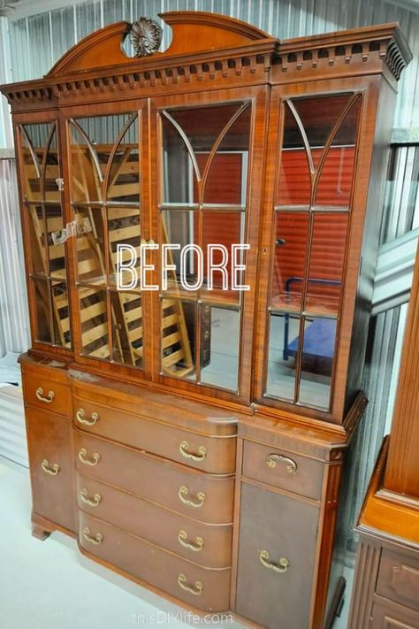 I'm so excited about this DIY Apothecary Cabinet Inspired old hutch makeover! It has given us so much more storage in our dining room and it looks so good. And it was cheap to make - we spent about $160 for this makeover - including the old hutch AND the apothecary drawer pulls! Made Over China Cabinets, Diy Apothecary Cabinet, Jean Blanket, Ikea Window Seat, Reuse Old Jeans, Music Room Office, Diy Apothecary, China Cabinet Makeover, Armoire Makeover