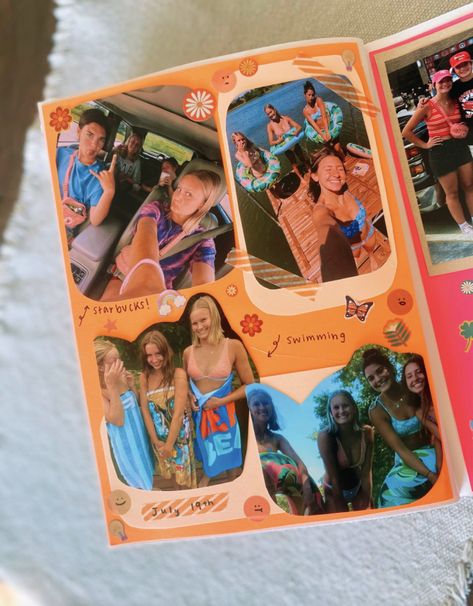 Photo Album Scrapbooking Aesthetic, Sophomore Year Scrapbook Ideas, Scrapbook Summer Aesthetic, Friendship Photo Album Ideas, Friend Photo Album Ideas, Cute Scrapbook Page Ideas, Scrapbook Ideas Colorful, Freshmen Year Scrapbook Ideas, Bff Scrapbook Ideas Best Friends