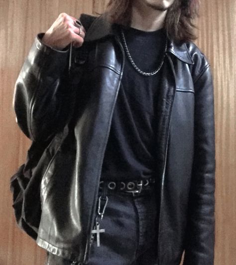 leather jacket rock goth grunge outfit mens outfit long hair dark academia chains cross Metalhead Leather Jacket, Dark Fashion Aesthetic Men, Goth Men Clothes, Metalhead Fits Men, Masc Rock Outfits, Modern Goth Outfits Men, Man Grunge Outfit, Long Leather Jacket Outfit Men, Men Dark Outfit