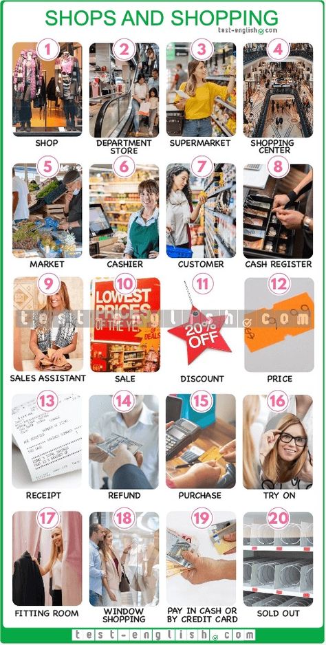 Shops and shopping – A2 English Vocabulary - Test-English Shopping Vocabulary English, English Vocabulary Exercises, Vocabulary Clothes, Vocabulary Test, Toefl Ibt, Vocabulary Exercises, Sentence Examples, Vocabulary Lessons, English Lessons