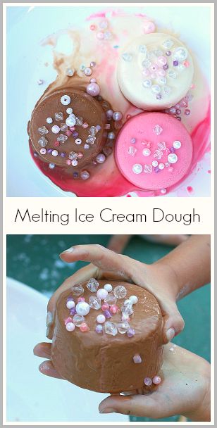 Melting Ice Cream Dough~ BuggyandBuddy.com Melted Ice Cream Craft, Book Camp, Ice Cream Dough, Sensory Play Recipes, Babysitting Ideas, Sensory Play Ideas, Ice Creamery, Kids Recipe, Sensory Dough