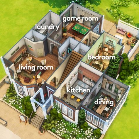 A screenshot from the video game The Sims 4 showing a floor plan of the first floor of a university housing. A shared home for seven students. It has a kitchen, dinging, living room, laundry, game room, one bedroom and three bathrooms on the first floor. There is a green garden outside and a backyard with sofas and a dining area. Themed Houses, Movie Hangout, Snowy Escape, Patio Kits, University Housing, Sims Freeplay Houses, University Dorms, Sims Houses, Sims Builds