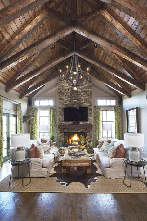 Fireplace Sitting Area, Open Floor Plans, Cabin Living Room, Log Cabin Ideas, Lodge Homes, Homes Ideas, Georgia Homes, Rustic Fireplaces, Cabin Living