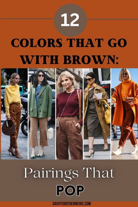 Whether creating a classic, understated look or making a bold fashion statement, the knowledge of what colors to wear with brown can truly transform your style game. Learn how to create brown outfits and how to wear brown for amazing style over 40. Brown Pants Orange Top, Copper Colored Pants Outfit, Burnt Orange Flowy Pants Outfit, What To Wear With Brown Trousers, Brown Cotton Pants Outfit, Brown Pants Outfit Women Work, Mustard Cargo Pants Outfit, Colors To Wear With Brown Pants, Colors That Go With Brown Pants