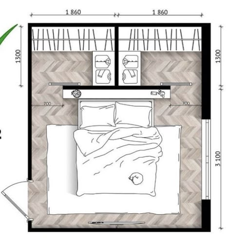 Bedroom Closet Placement, Tiny Home Bedroom Closet, Luxury Bedroom Layout Plan, Bed With Wardrobe Behind, Ensuite Behind Bed, Wardrobe Behind The Bed, Bedroom Layout With Wardrobe, Dressing Behind Bed, Dressing Room Behind Bed