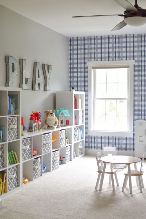 Potterybarn Kids Playroom, Playroom Design Modern, Kids Play Basement, Playroom With Storage, Bedroom Turned Playroom, Kids Room With Play Area, Playroom With Nugget, Narrow Playroom, Playroom In Basement