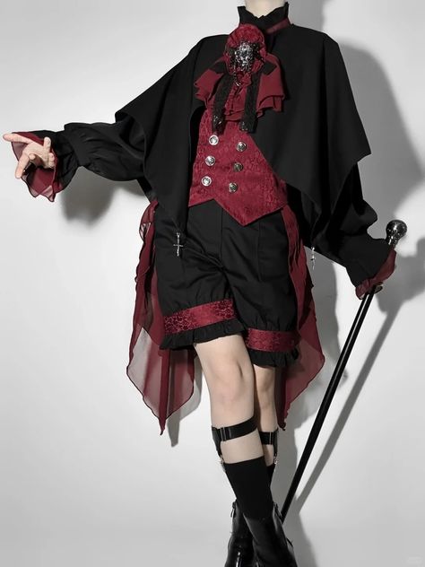 Red Ouji Fashion, Visual Kei Clothing, Black And White Formal Outfit, Vkei Outfits Men, Vampire Outfit Men, Gothic Ouji Fashion, Ouji Fashion Male, Vkei Outfits, Ouji Style