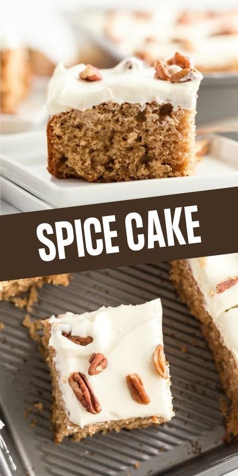 Full of spice and absolutely delicious, this Spice Cake is topped with cream cheese frosting and pecans making it a delicious holiday cake recipe! With the subtle spices in the cake and the cream cheese frosting, the balance of flavors works out perfectly. Make it during the holiday season this year! Homemade Spice Cake, Holiday Cake Recipes, Fall Cake Recipes, Baked Breads, Butter Pecan Cake, Fall Cake, Spice Cake Recipes, Holiday Cake, Pumpkin Spice Cake