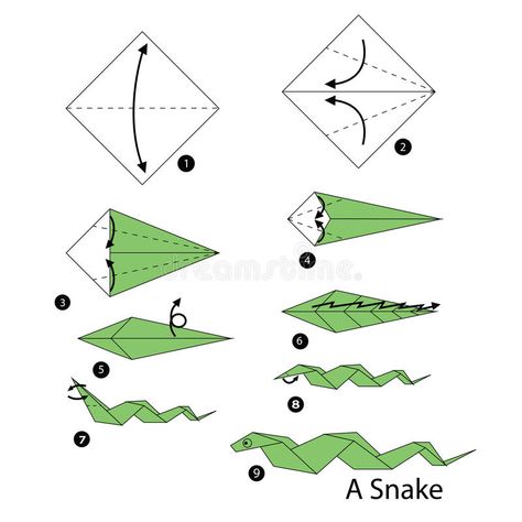 Step by step instructions how to make origami snake. stock illustration Paper Crafts Animals, Pattern Paper Crafts, Origami Snake, Kimono Origami, How To Do Origami, Easy Origami Animals, Animals Crafts, Crafts Animals, Origami Step By Step