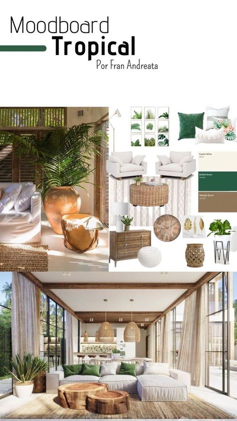 Tropical Theme Room Decor, Tropical Bed And Breakfast, Tropical Theme Living Room, Tropical Minimalist Interior, Tropical Interior Design Living Rooms, Tropical Moodboard, Modern Tropical Living Room, Modern Tropical Interior Design, Modern Tropical Interior