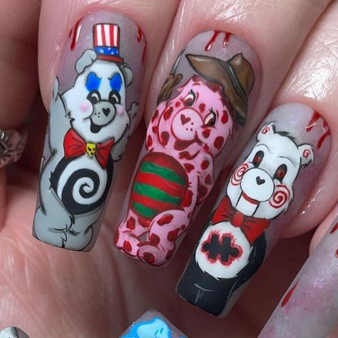 Horror Character Nails, Care Bear Nail Designs, Halloween Cartoon Nails, Cartoon Halloween Nails, Casper Nails, Horror Nails Designs, Halloween Character Nails, Crazy Halloween Nails, Scare Bears